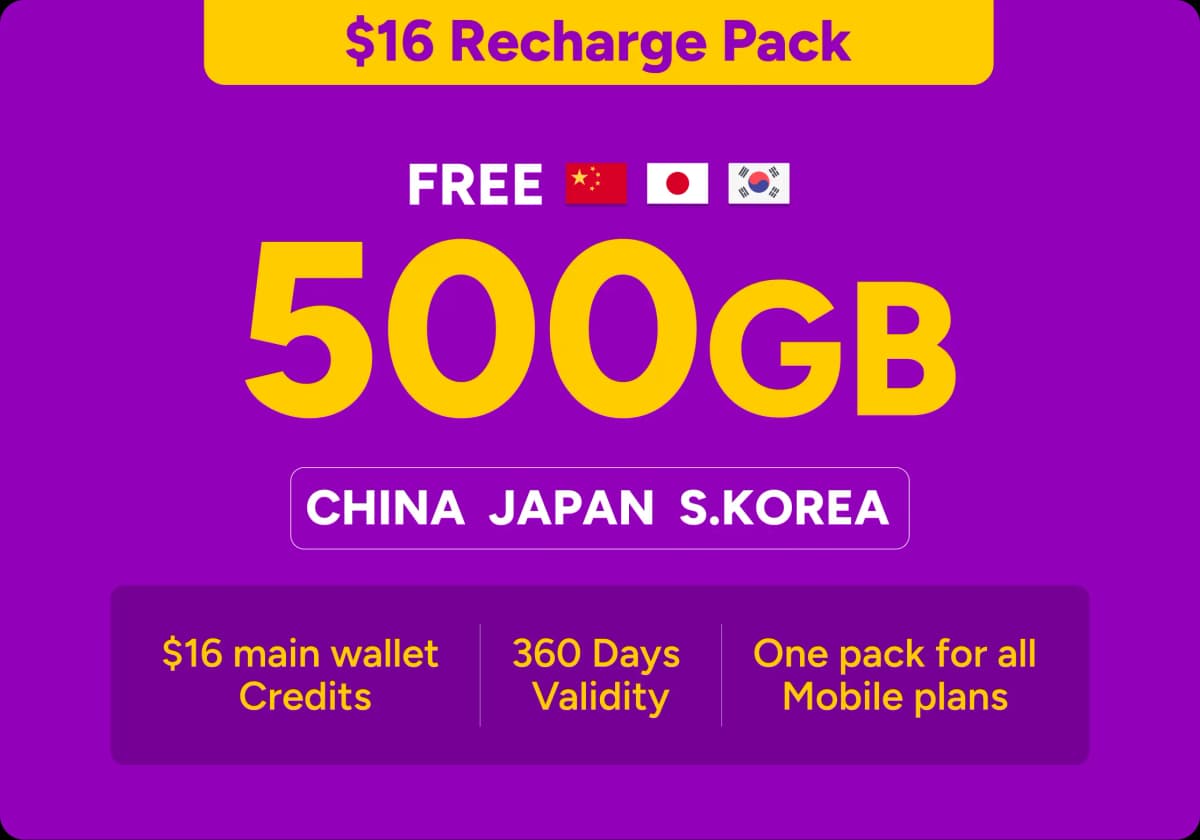 $16 Recharge Pack — FREE 500GB for China, Japan and S.Korea