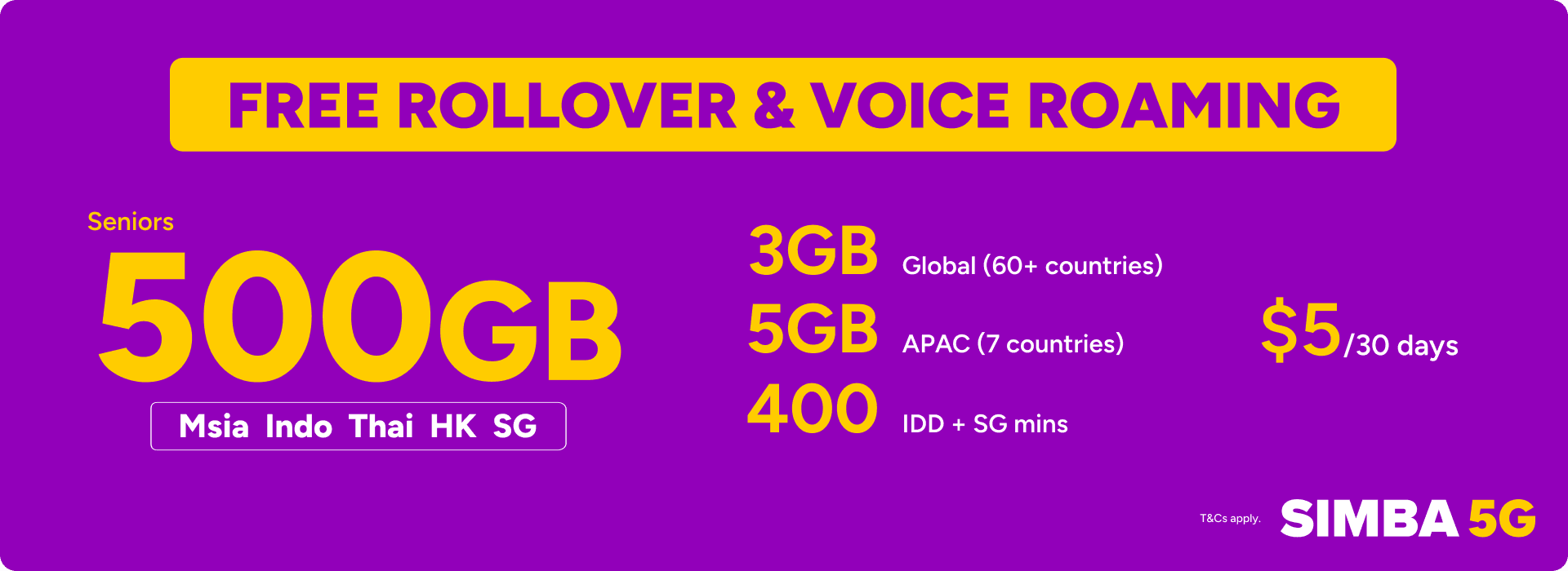 Seniors 500GB plan, $5 per 30 days, free rollover and voice roaming