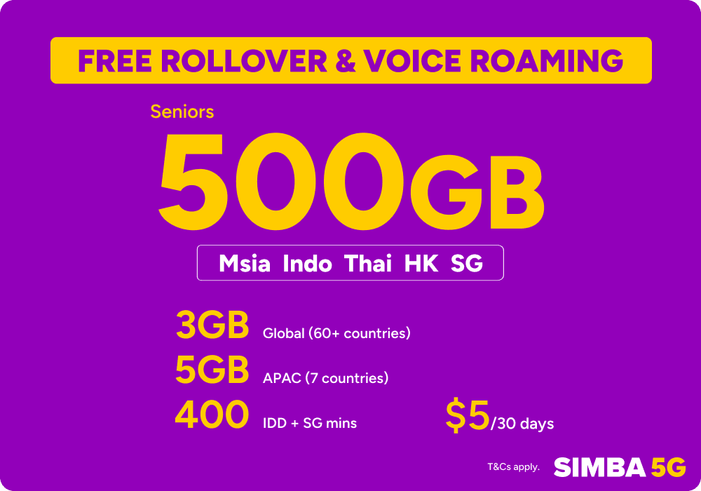 Seniors 500GB plan, $5 per 30 days, free rollover and voice roaming
