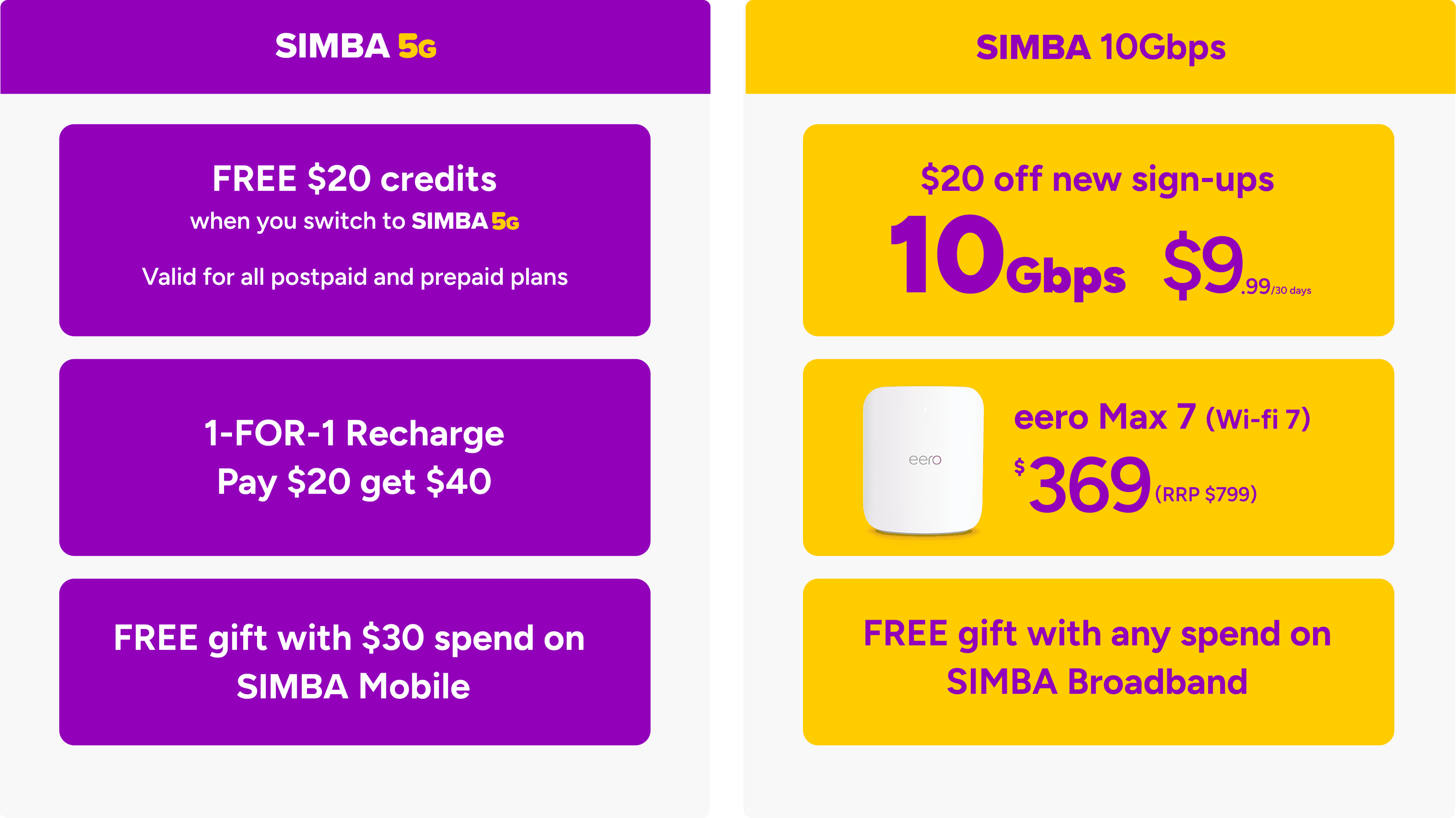 SIMBA Mobile offers switch $20 free credits and 1-for-1 recharge; SIMBA Broadband offers $20 off 10Gbps sign-up