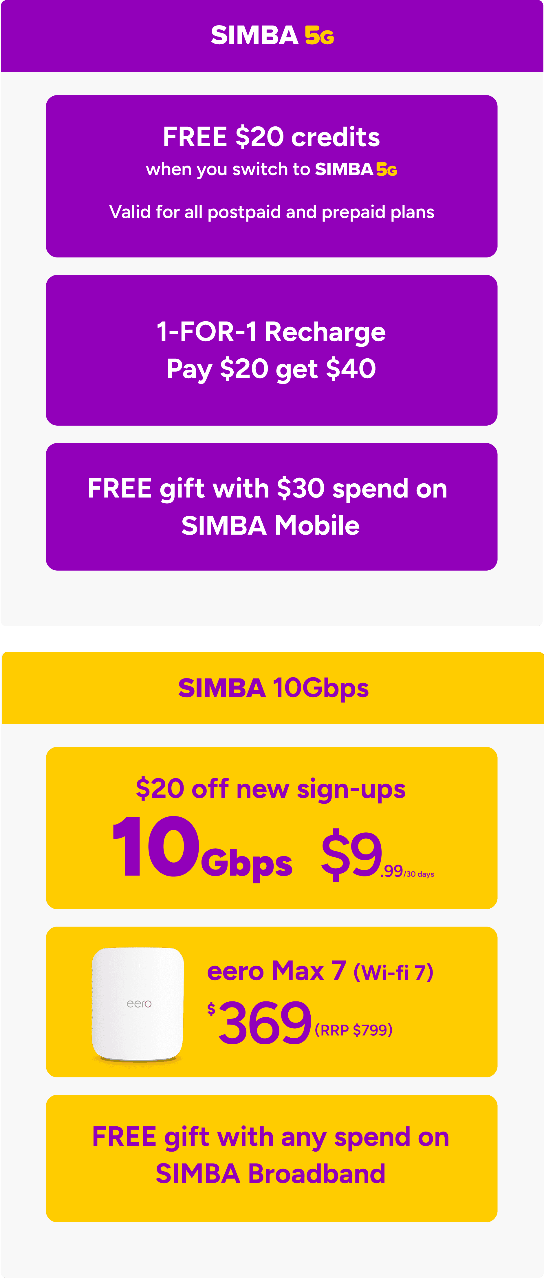 SIMBA Mobile offers switch $20 free credits and 1-for-1 recharge; SIMBA Broadband offers $20 off 10Gbps sign-up